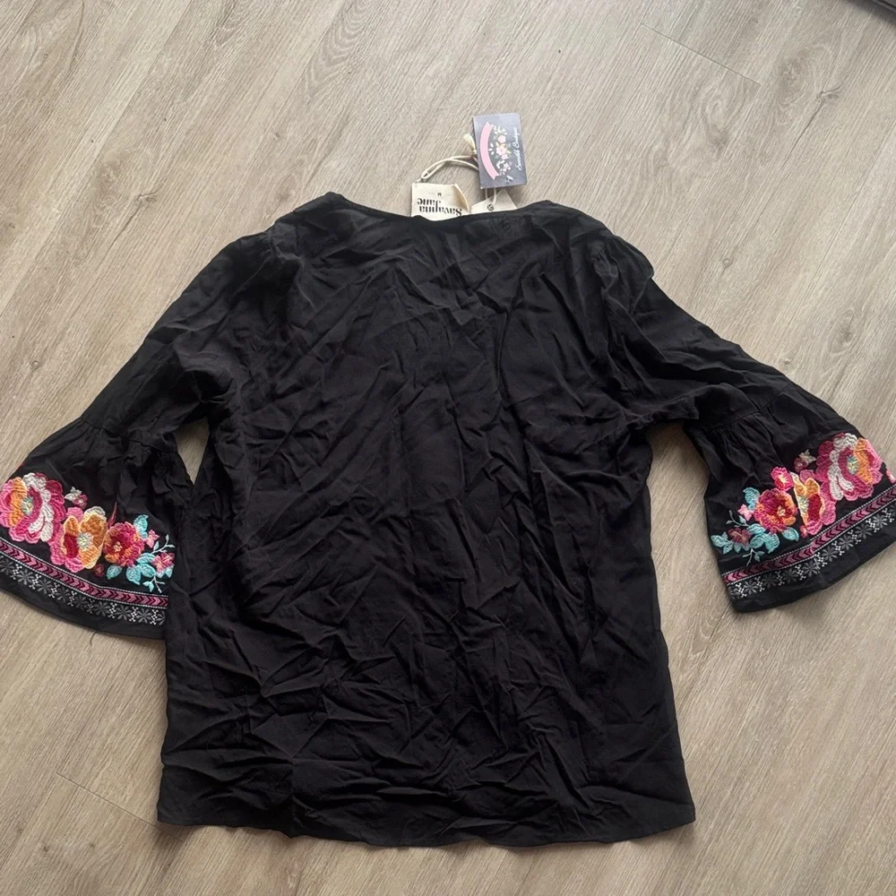 Savanna Jane Black Rayon Top with Pink and Orange Embroidery - Picture 6 of 8
